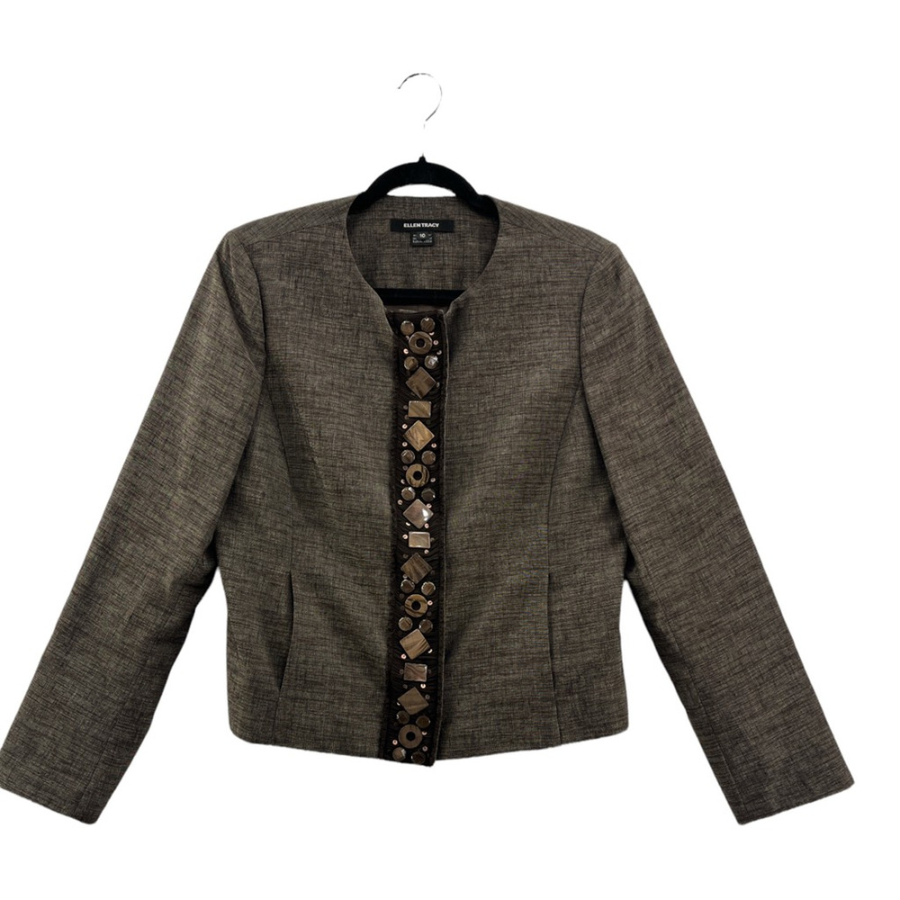 Ellen Tracy Womens Suit Jacket Brown Stretch Long‎ Sleeve Embellished Snap 10